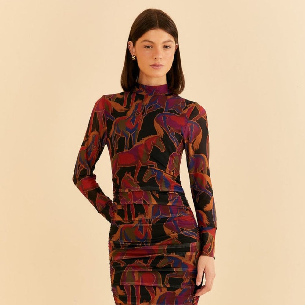 Farm Rio Black Wild Horses Tulle Midi Dress